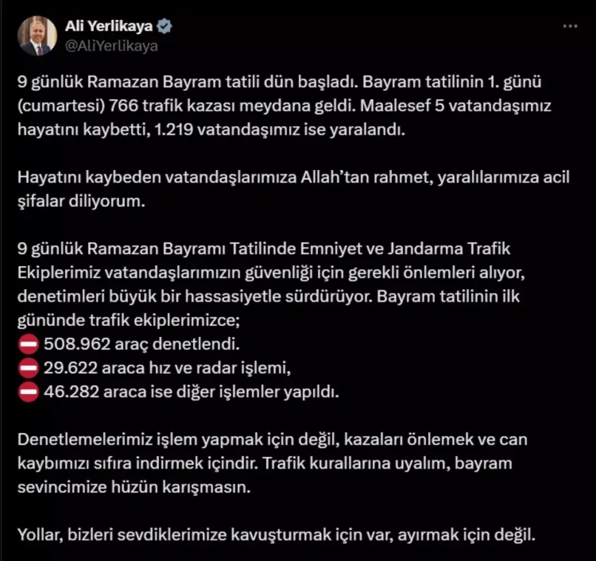 Ramazan Bayramı Tatilinin İlk Günü Kara Başladı: Bakan Yerlikaya Açıkladı - 766 Kazada 5 Ölü, 1219 Yaralı, Yarım Milyon Araç Denetlendi