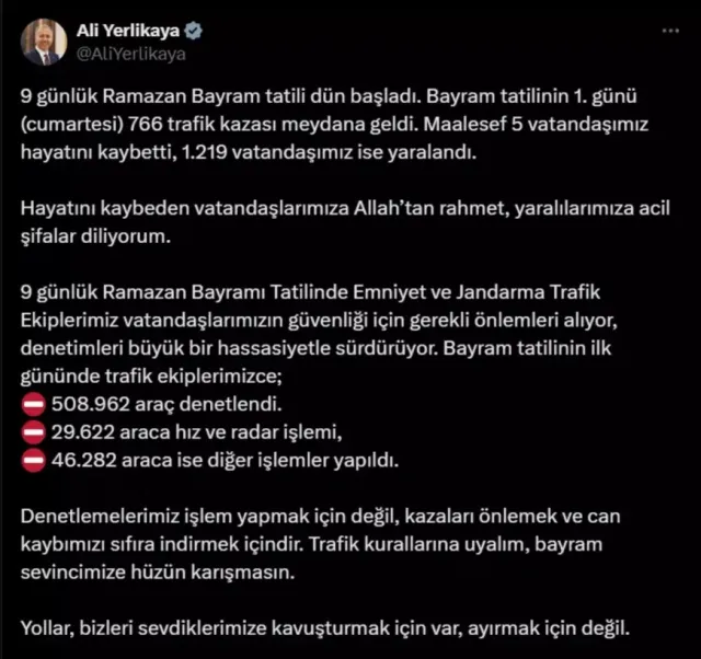 Ramazan Bayramı Tatilinin İlk Günü Kara Başladı: Bakan Yerlikaya Açıkladı - 766 Kazada 5 Ölü, 1219 Yaralı, Yarım Milyon Araç Denetlendi